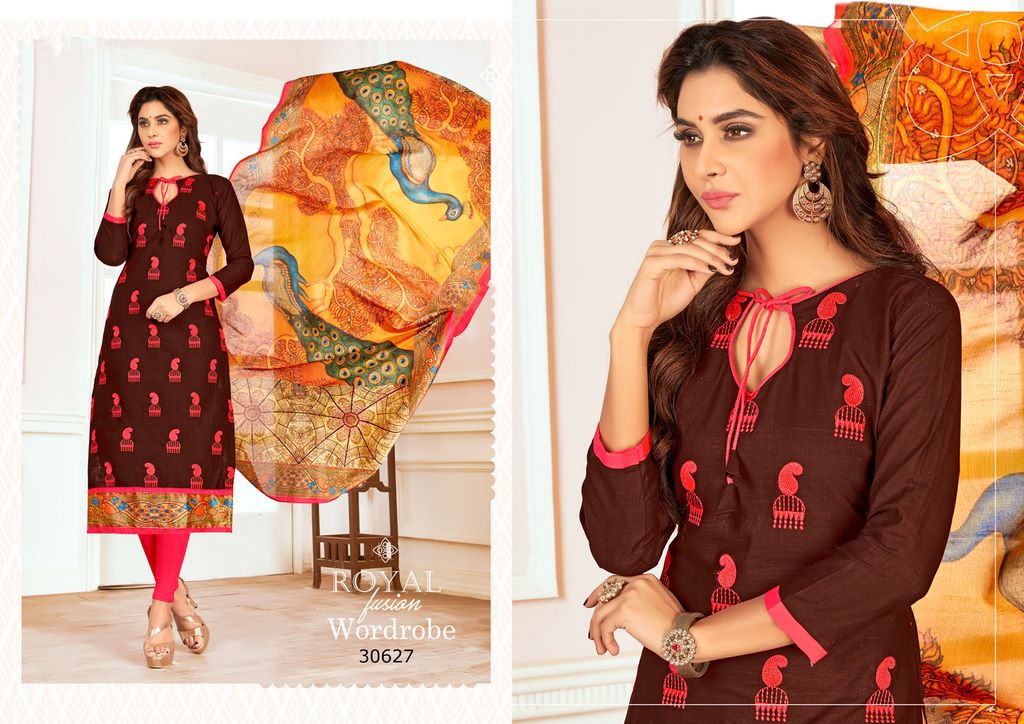 Brown Colored Salab cotton Thread Work & Digital Printed Un-Stitched Dress Material