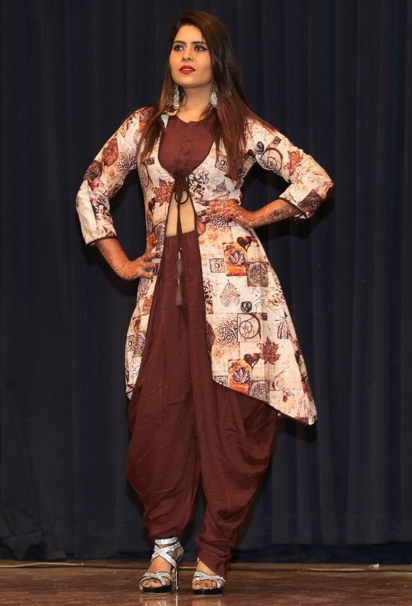 brown dhoti suit with printed koti