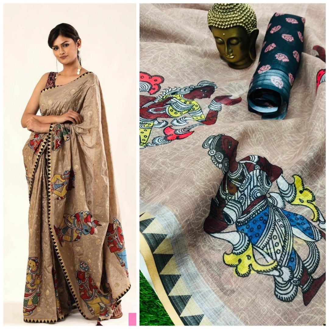 brown digital printed linen festival saree