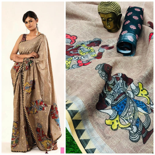 brown digital printed linen festival saree