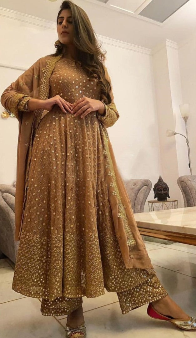 Brown embroidered anarkali suit