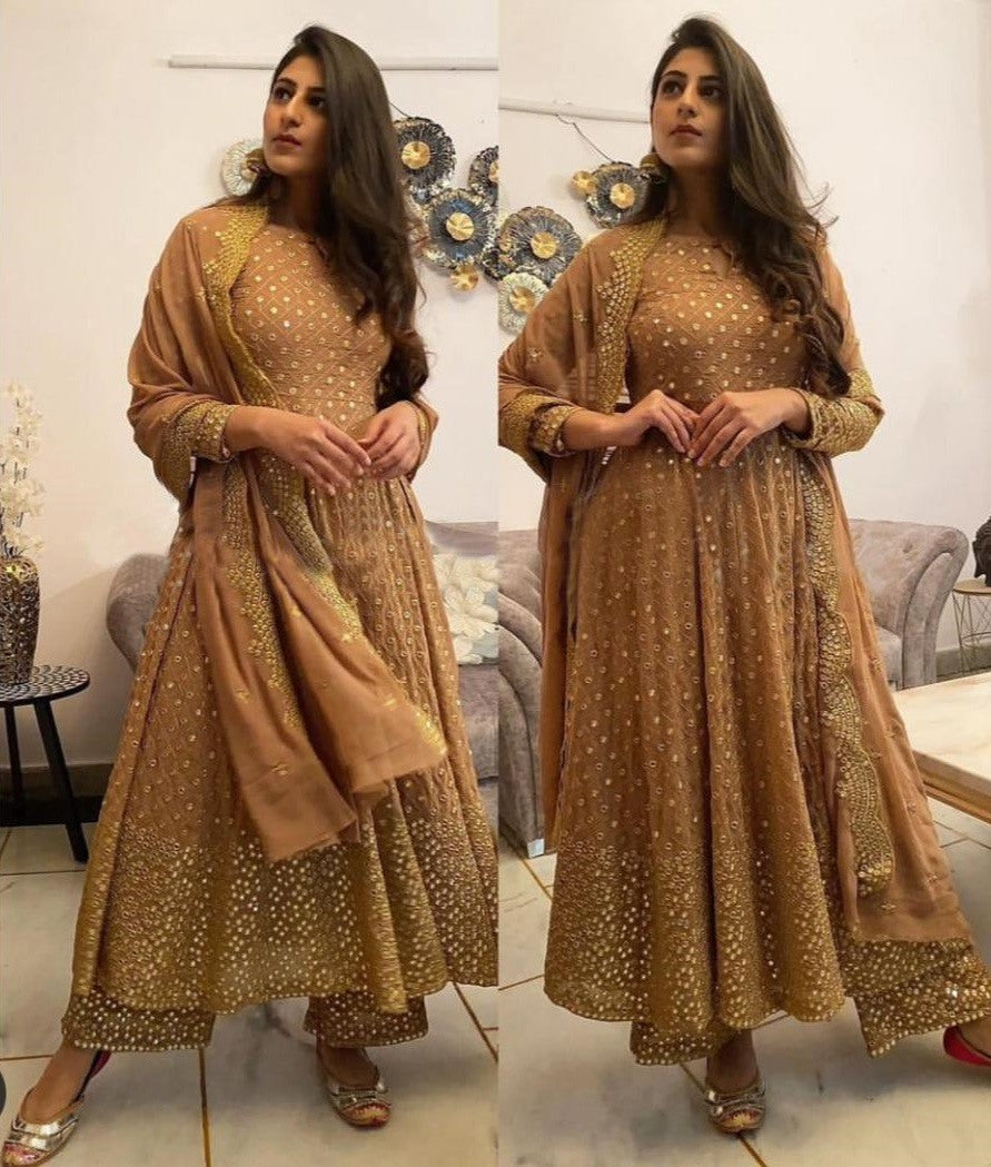 Brown embroidered anarkali suit