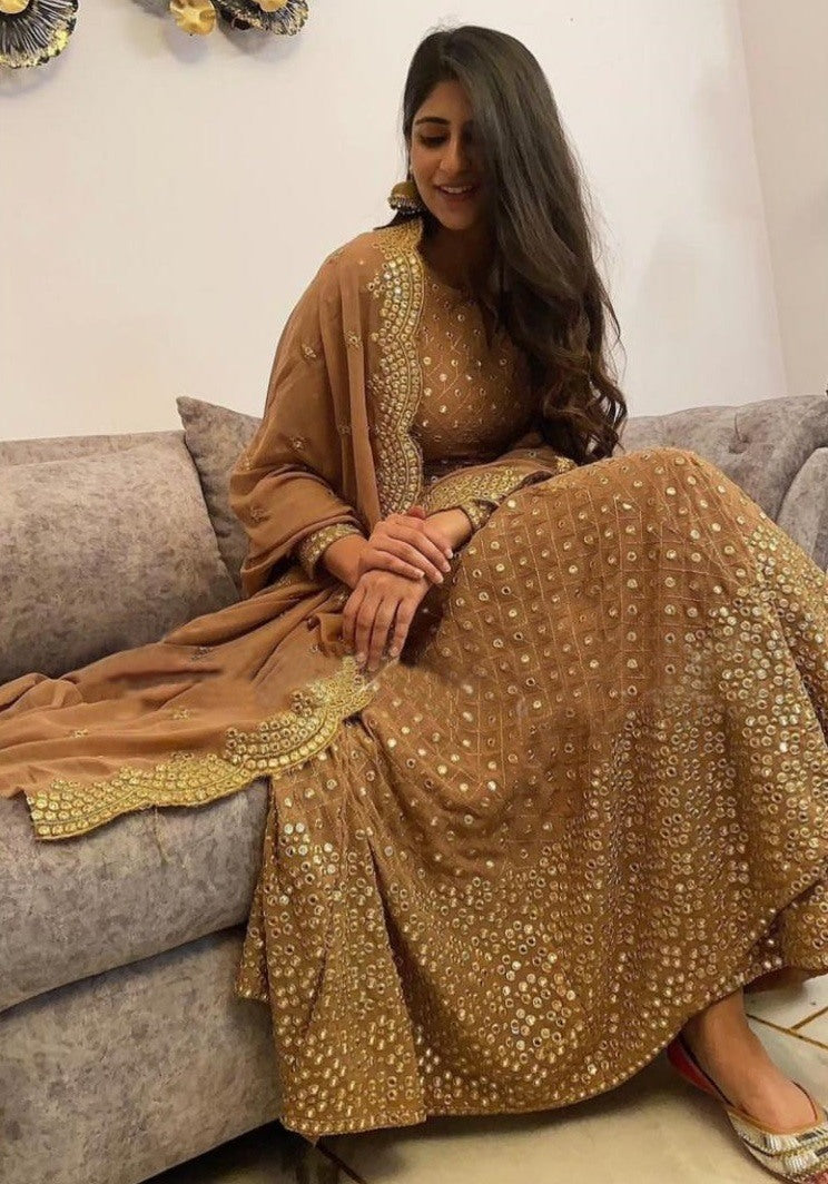 Brown embroidered anarkali suit