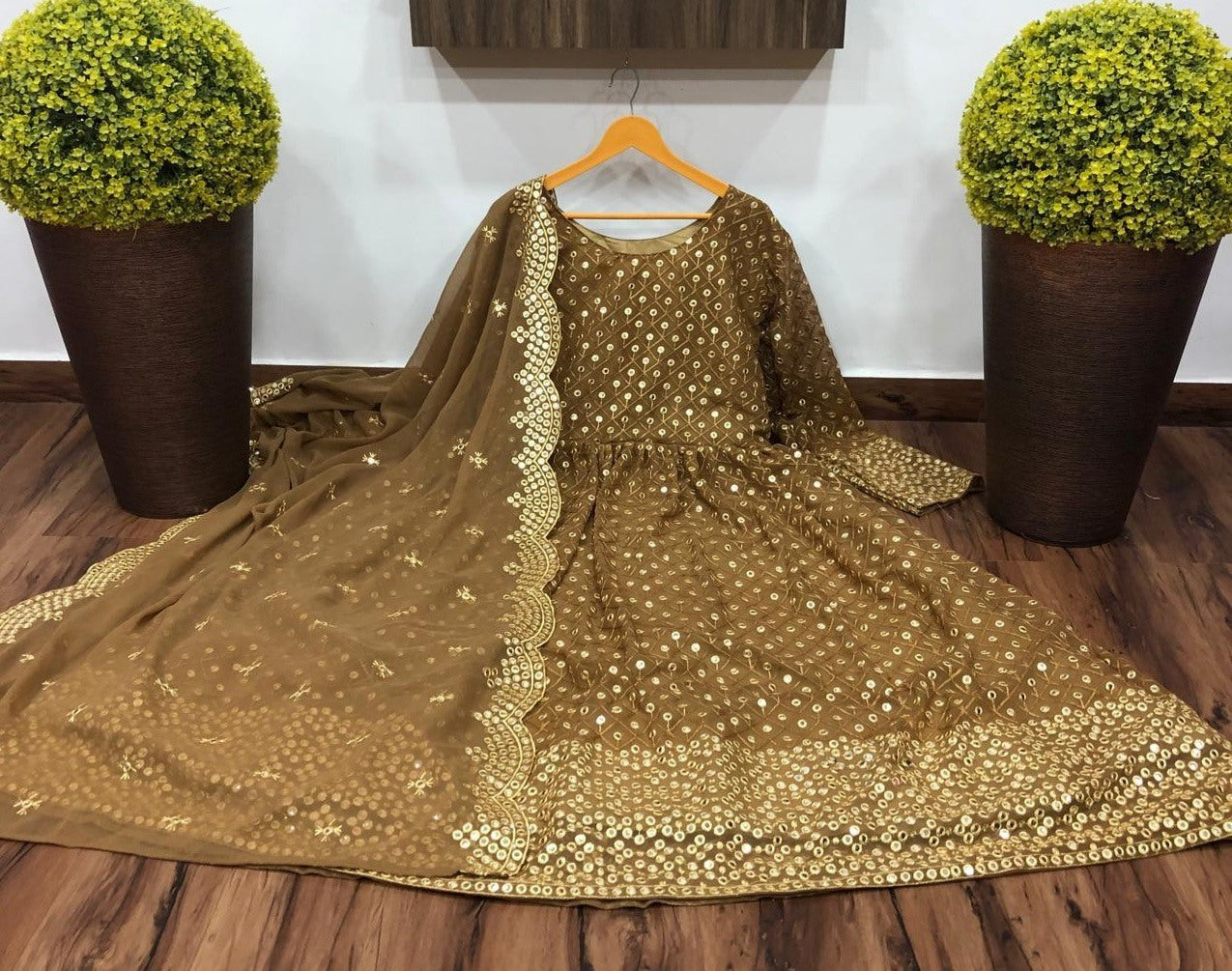 Brown embroidered anarkali suit
