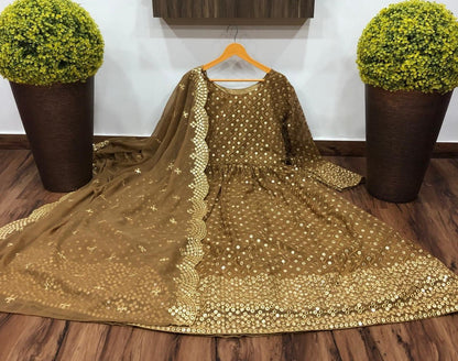 Brown embroidered anarkali suit
