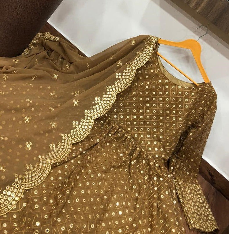Brown embroidered anarkali suit