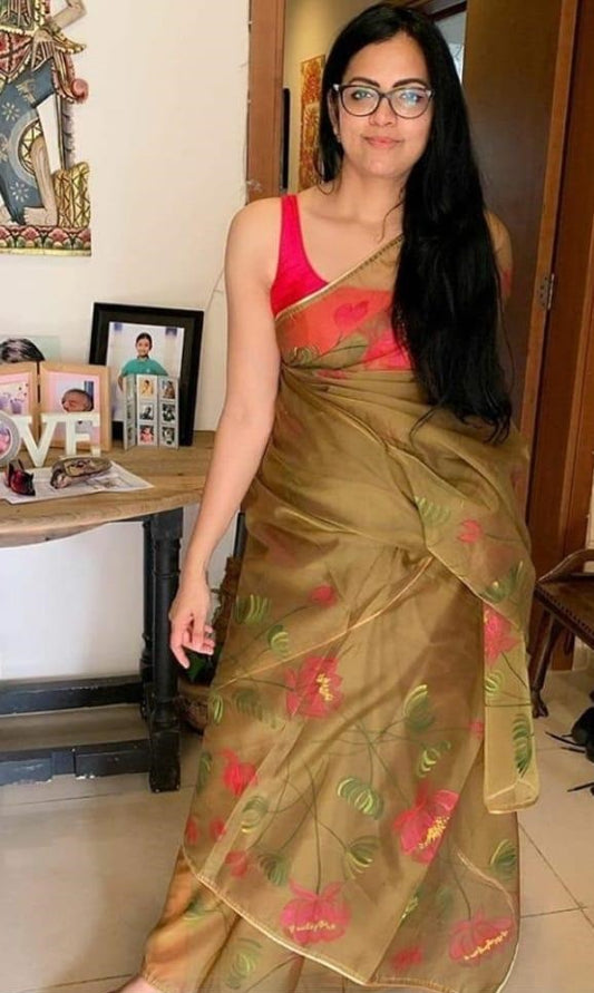Brown floral printed organza saree