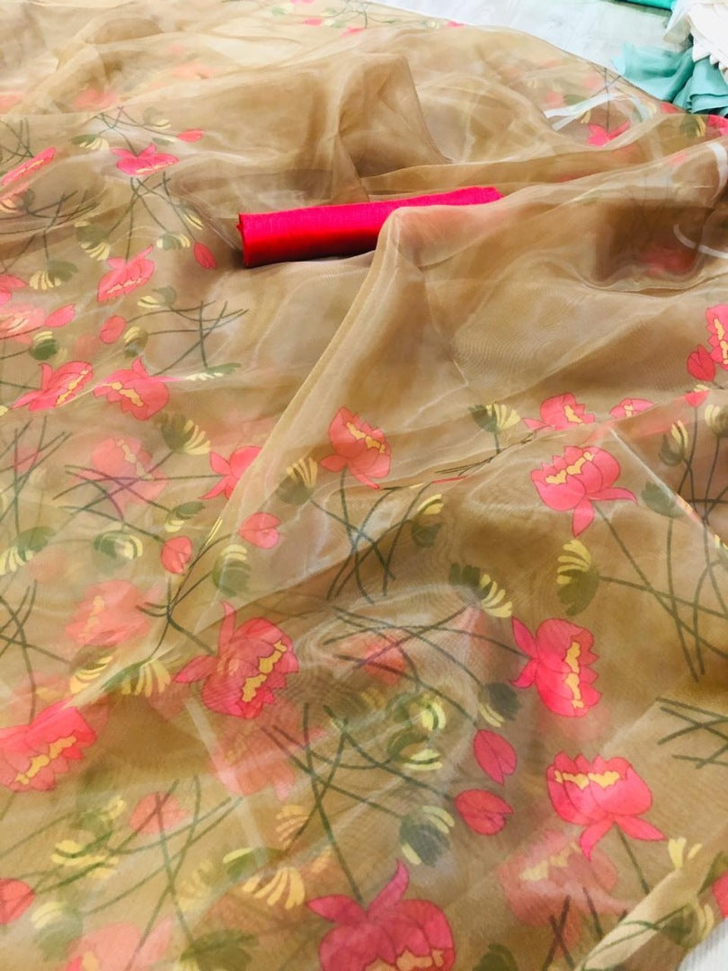 Brown floral printed organza saree