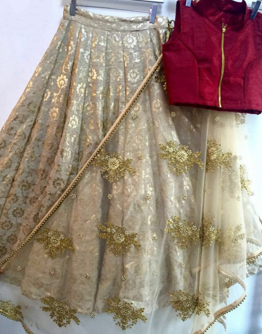 brown foil work heavy jute ceremonial lehenga
