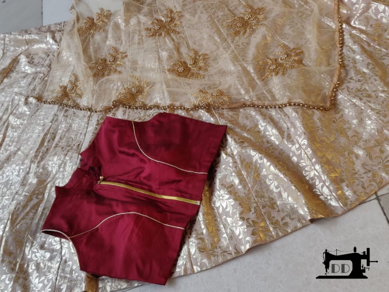 brown foil work heavy jute ceremonial lehenga