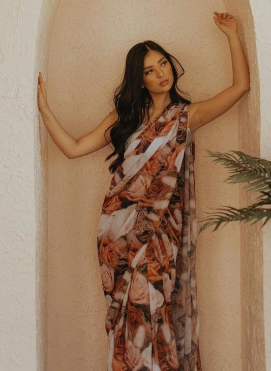 Brown georgette digital floral printed motilace saree