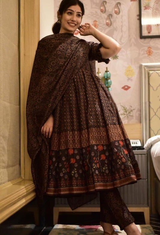 Brown georgette digital printed short anarkali suit