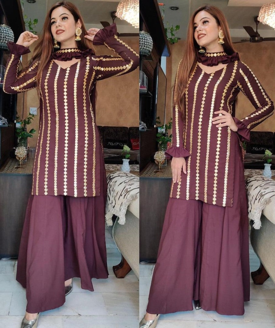 Brown georgette embroidered work party wear sharara suit