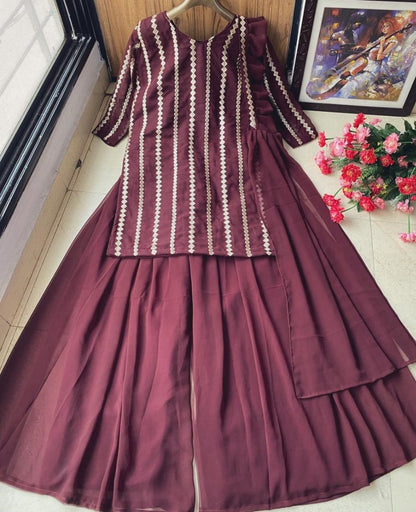 Brown georgette embroidered work party wear sharara suit