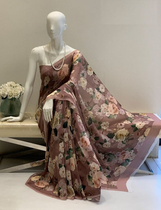 Brown georgette floral printed saree