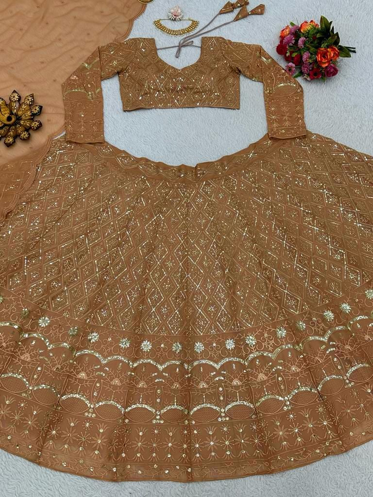 Brown georgette heavy work designer wedding lehenga choli