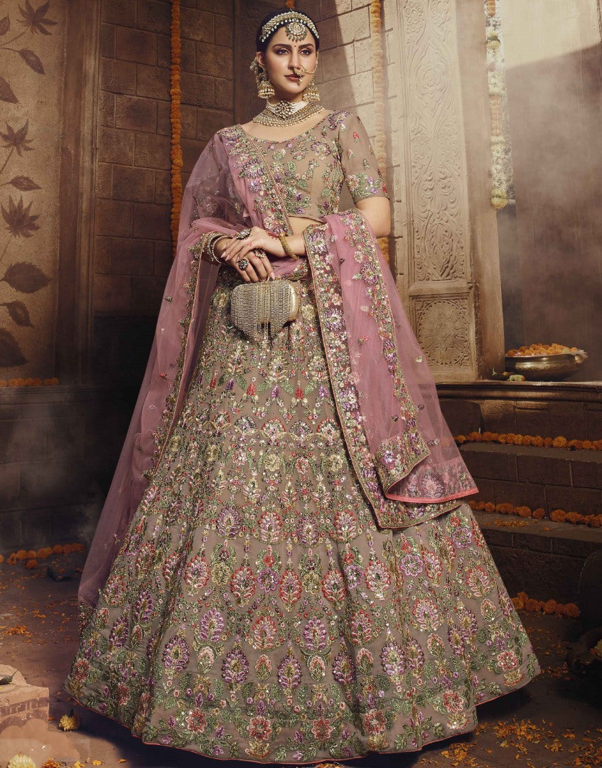 Brown georgette sequence thread work bridal lehenga choli