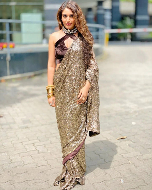 Brown georgette sequence work saree