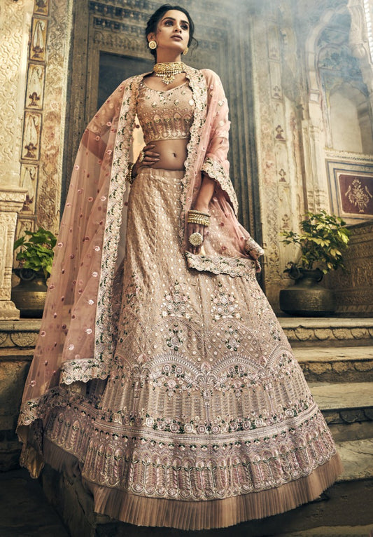 Brown georgette thread and zari work bridal lehenga choli