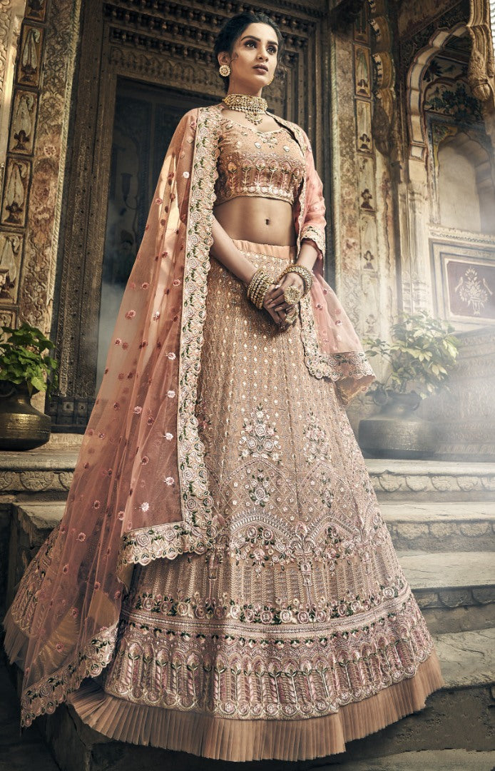 Brown georgette thread and zari work bridal lehenga choli