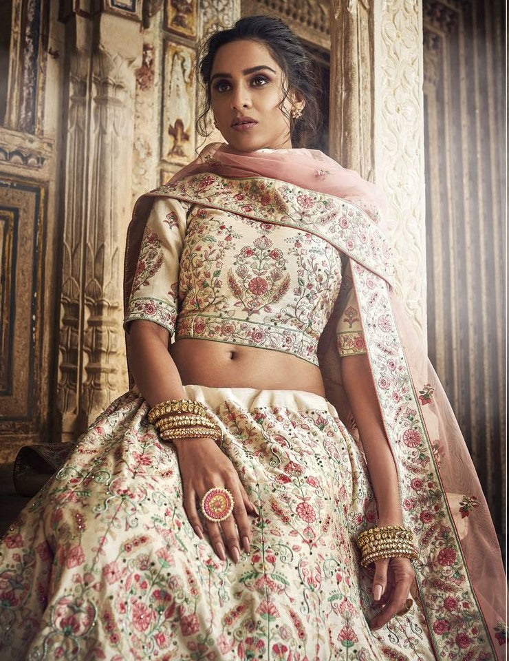 Brown georgette thread and zari work bridal lehenga choli