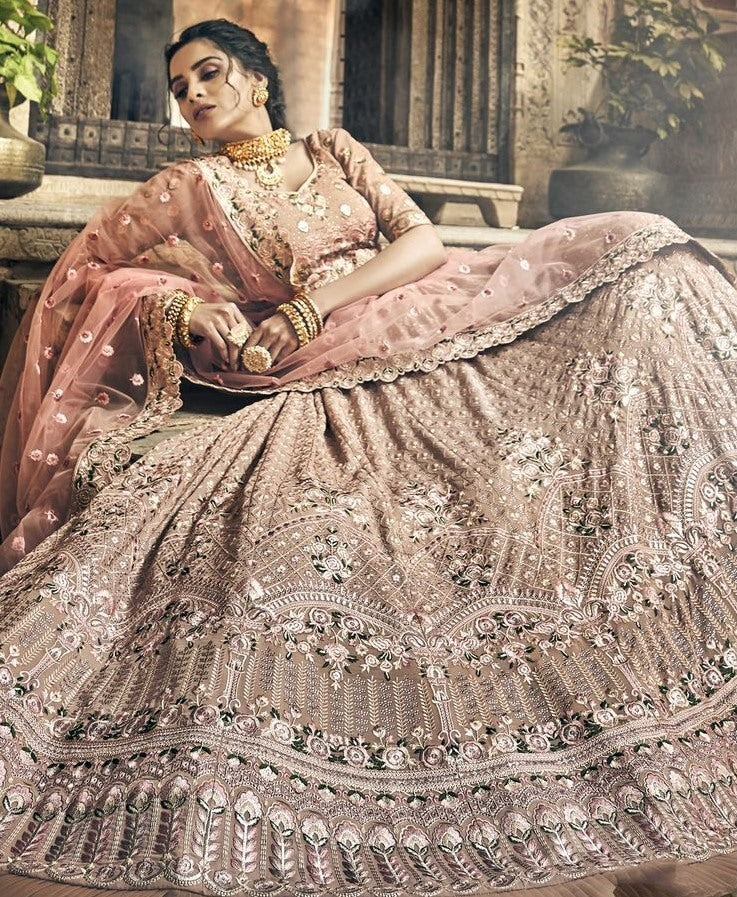 Brown georgette thread and zari work bridal lehenga choli