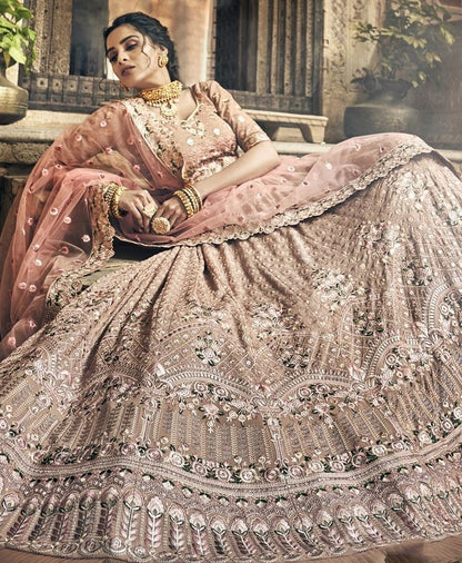 Brown georgette thread and zari work bridal lehenga choli
