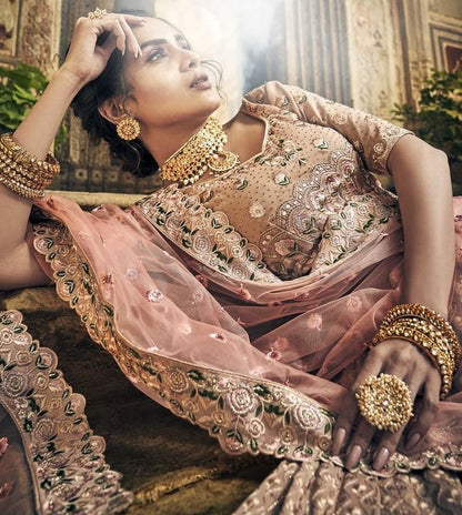 Brown georgette thread and zari work bridal lehenga choli
