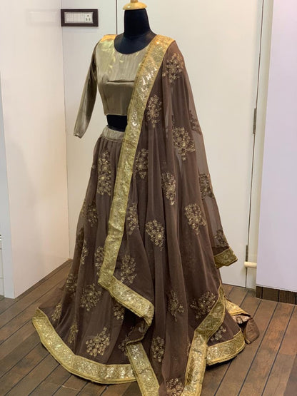 Brown georgette thread and zari worked wedding lehenga choli