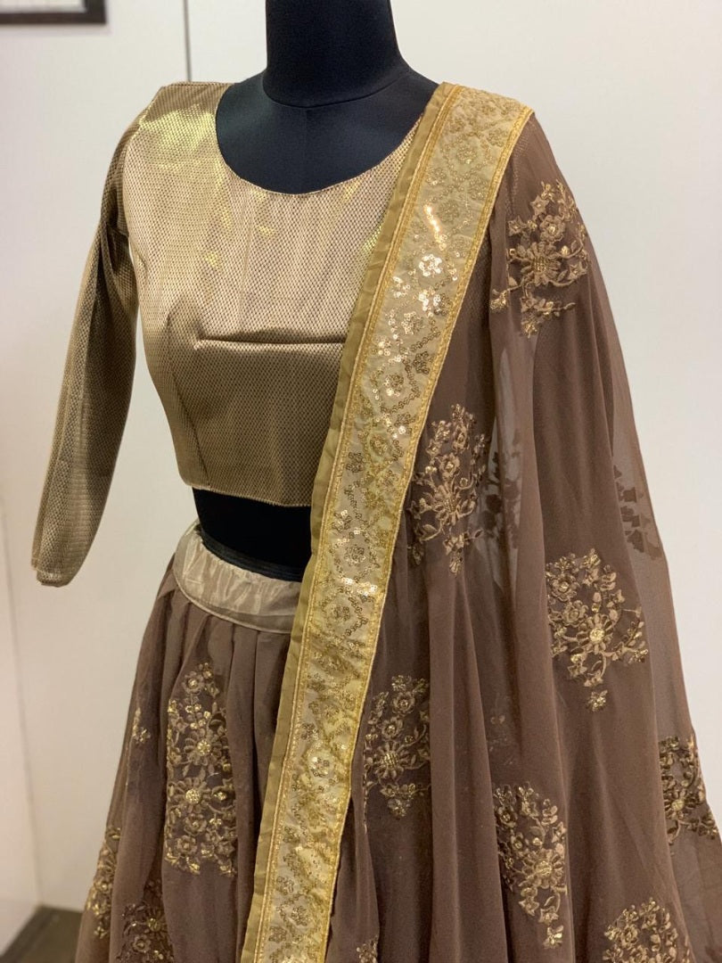 Brown georgette thread and zari worked wedding lehenga choli