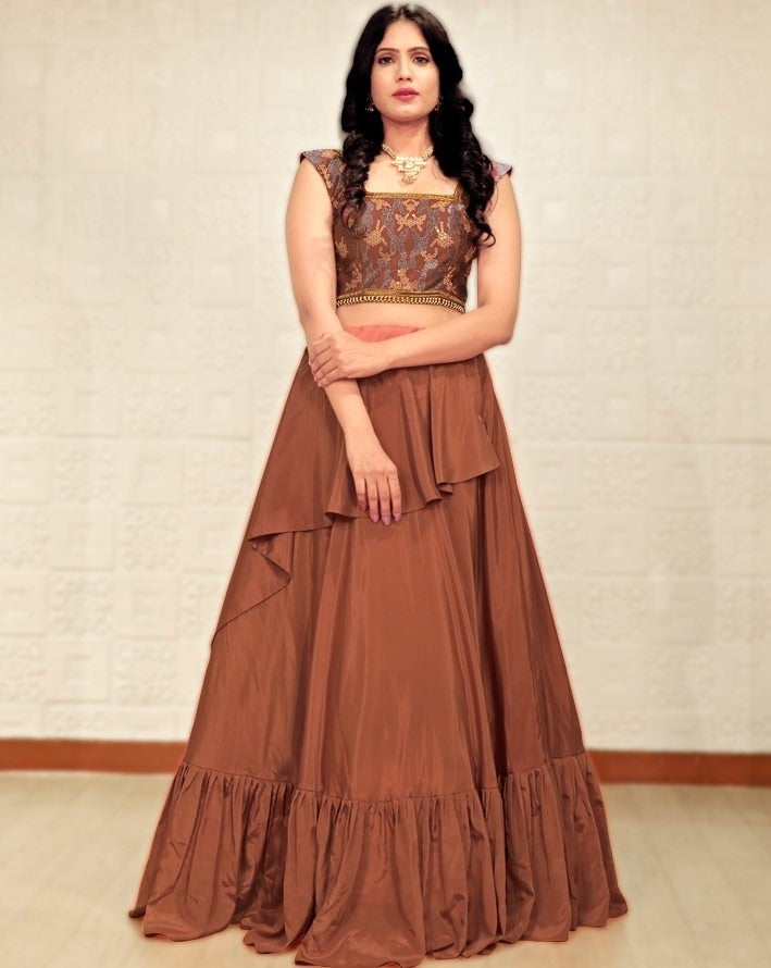Brown malai crepe silk embroidered thread work crop top