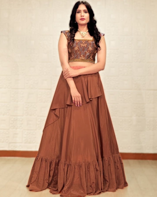 Brown malai crepe silk embroidered thread work crop top