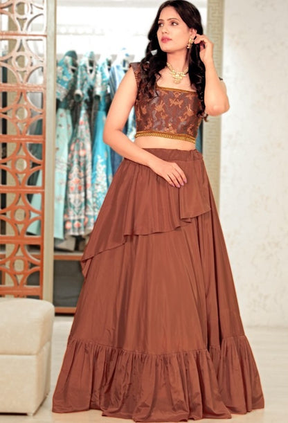 Brown malai crepe silk embroidered thread work crop top