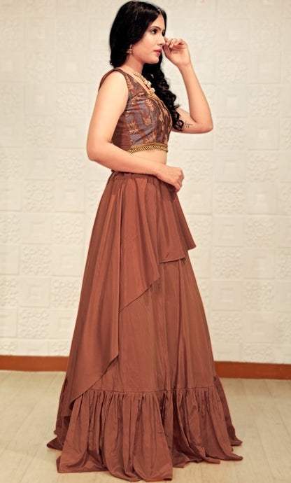 Brown malai crepe silk embroidered thread work crop top