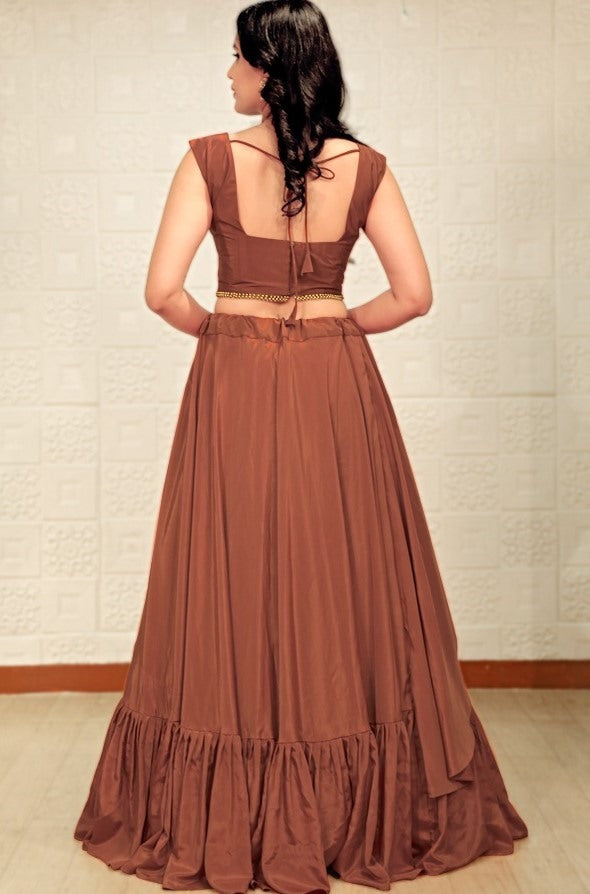 Brown malai crepe silk embroidered thread work crop top