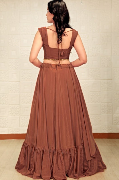 Brown malai crepe silk embroidered thread work crop top