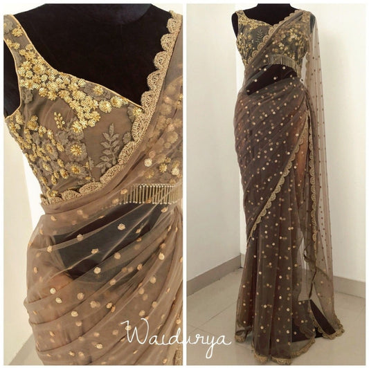 brown mono net embroidered ceremonial saree