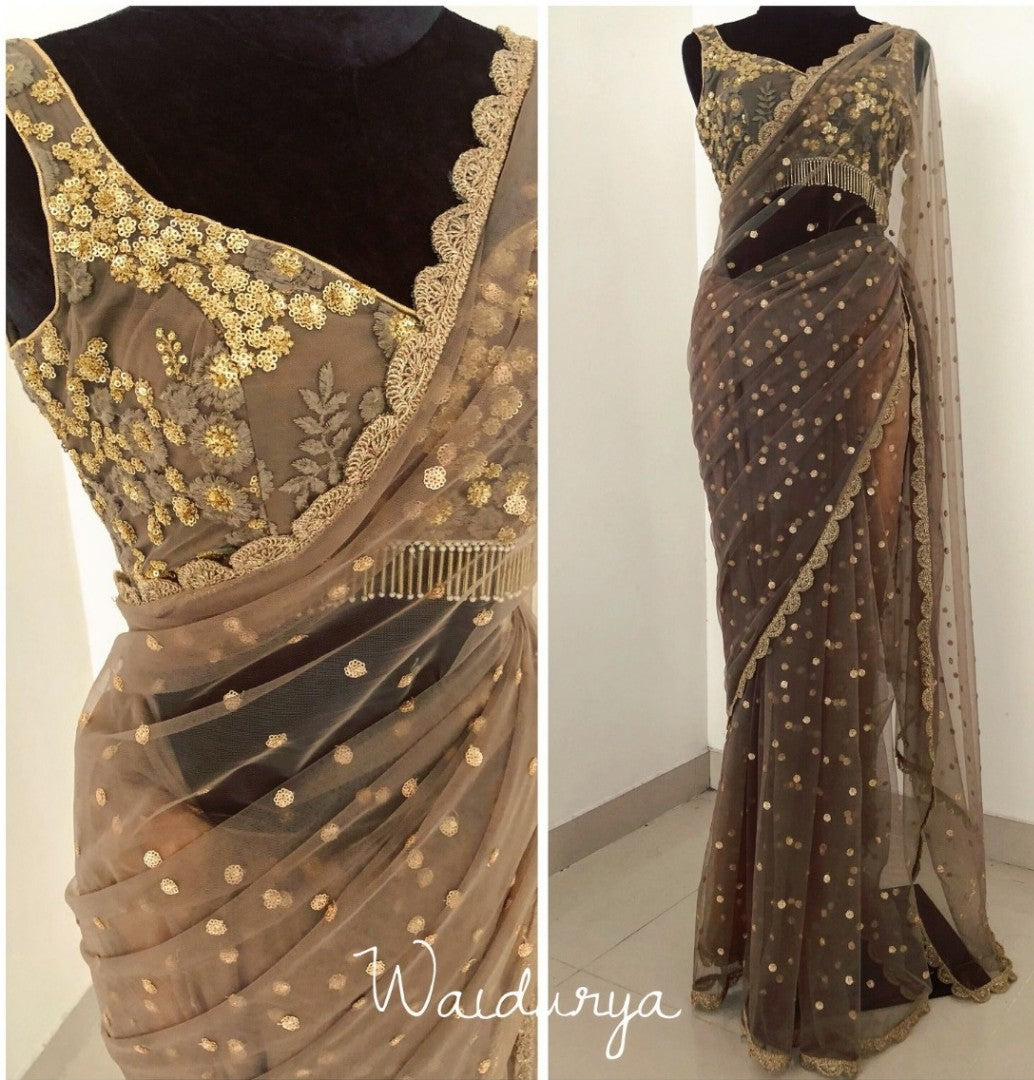 brown mono net embroidered designer wedding saree
