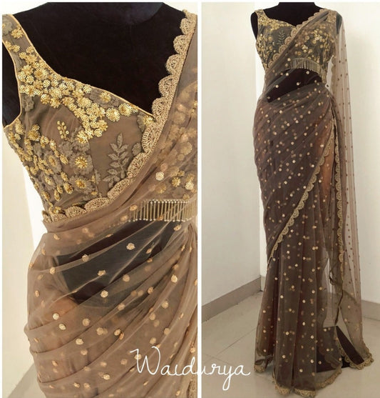 brown mono net embroidered designer wedding saree