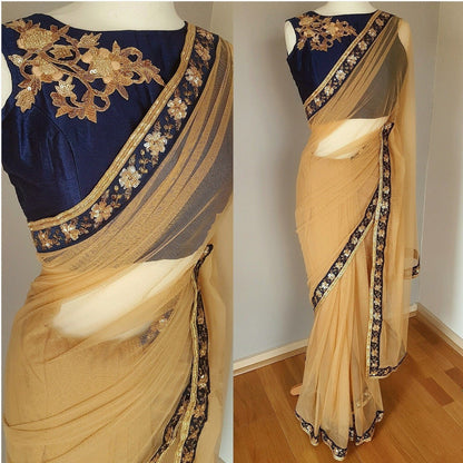 Brown net embroidered partywear saree