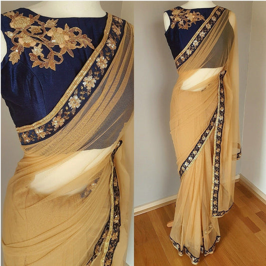 Brown net embroidered partywear saree