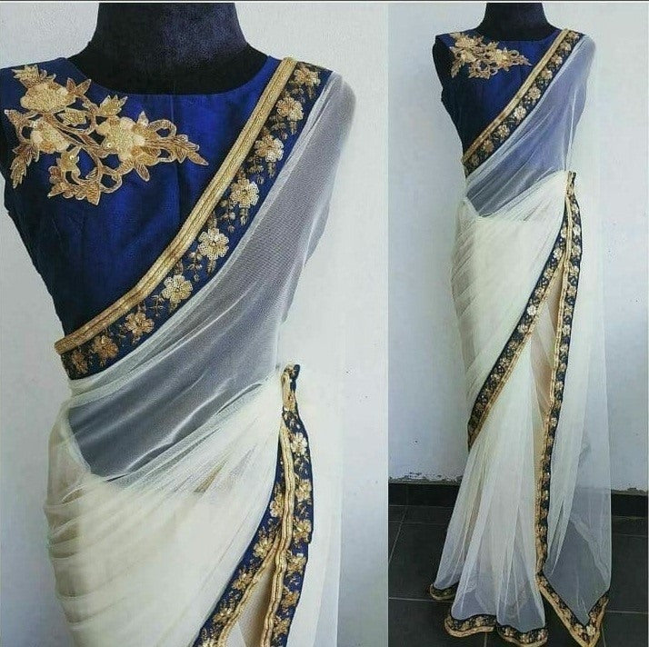 Brown net embroidered partywear saree