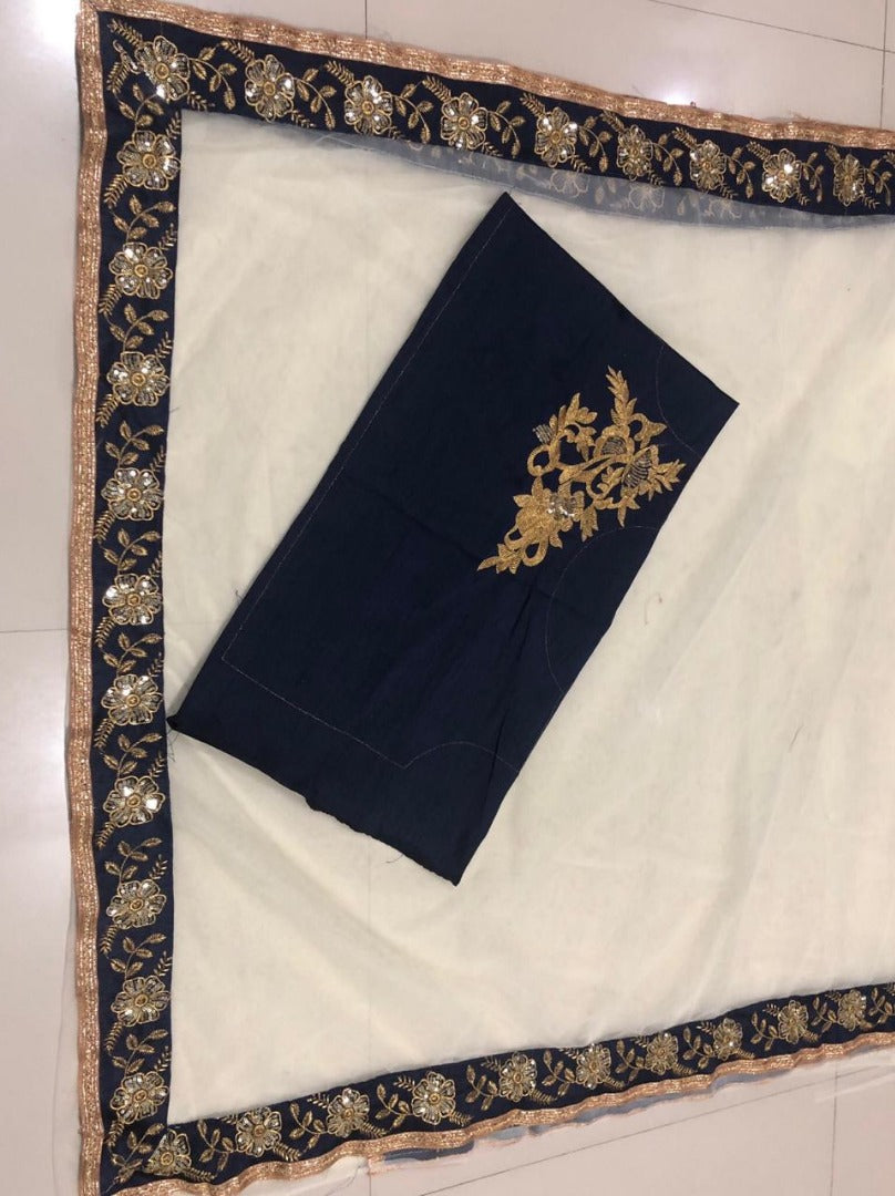 Brown net embroidered partywear saree