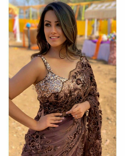 Brown net heavy embroidered stylist designer saree