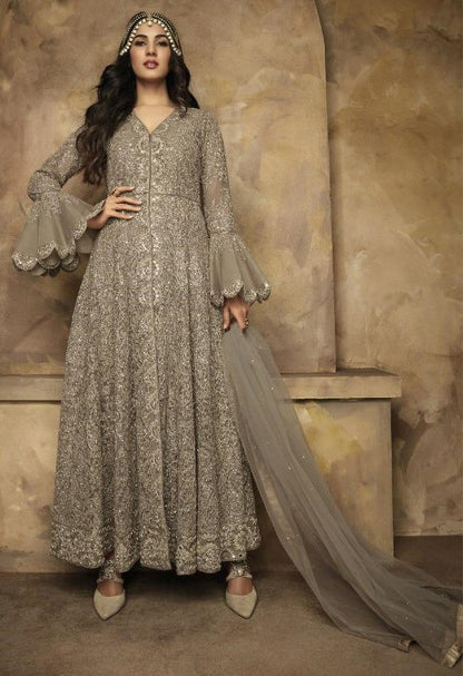 Brown net heavy embroidered wedding gown with dupatta