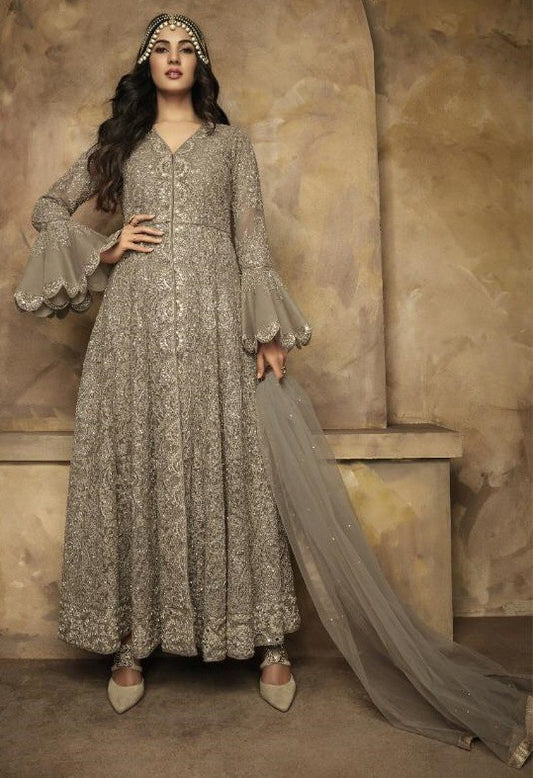 Brown net heavy embroidered wedding gown with dupatta