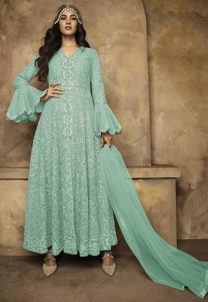 Brown net heavy embroidered wedding gown with dupatta