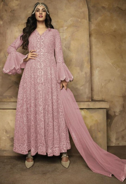 Brown net heavy embroidered wedding gown with dupatta