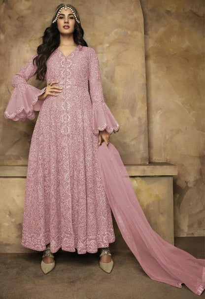 Brown net heavy embroidered wedding gown with dupatta