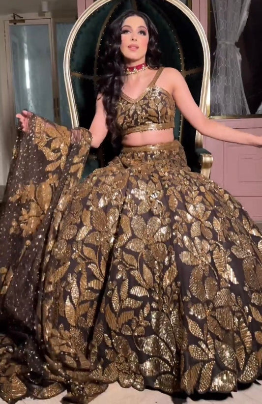 Brown net heavy sequence work designer wedding lehenga choli